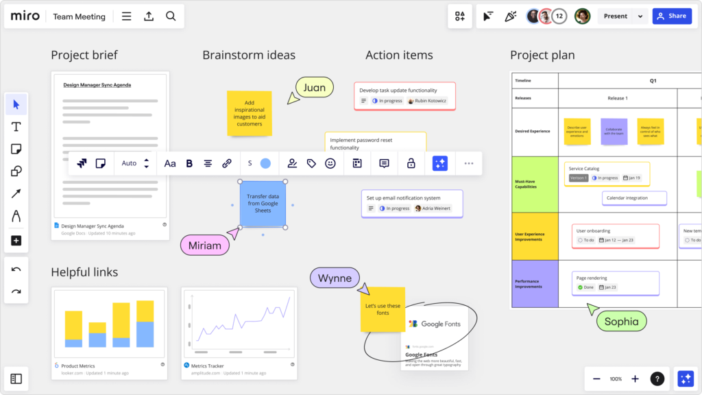 Miro infinite canvas with sticky notes, templates, and multiple cursors for real-time collaboration