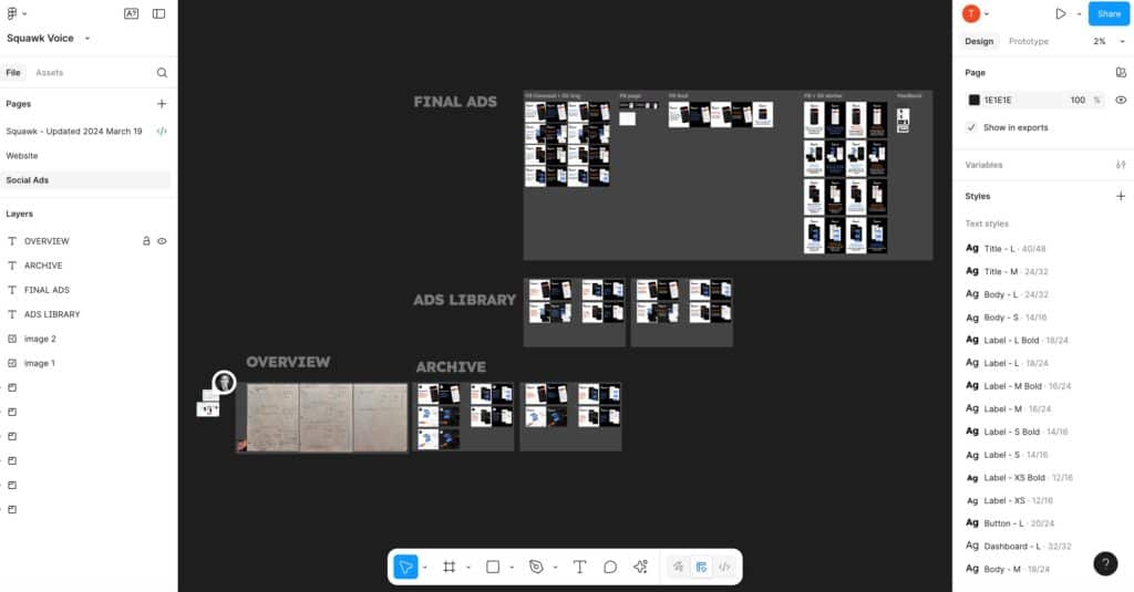 Figma interface showing components, frames, and a live prototype flow