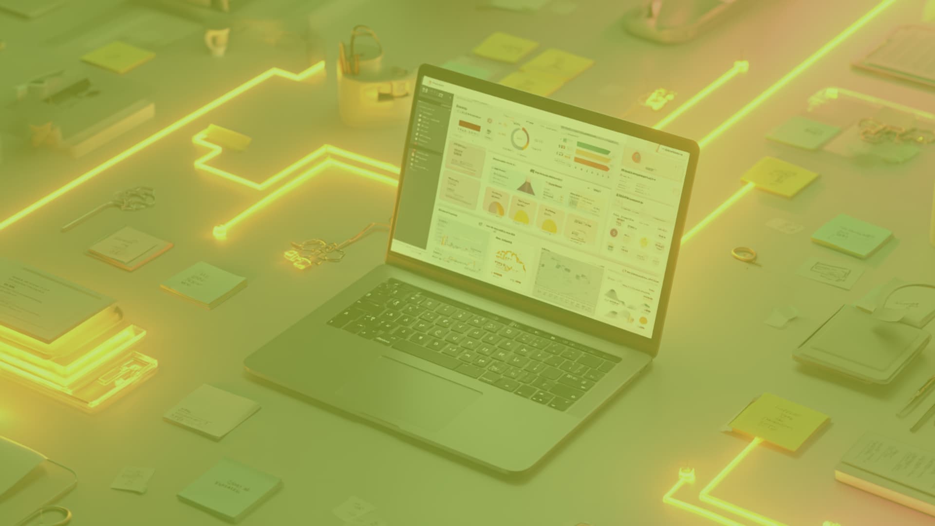 Laptop with analytics dashboard on a desk surrounded by sticky notes and glowing paths, symbolising AI experiments turning into growth strategy.